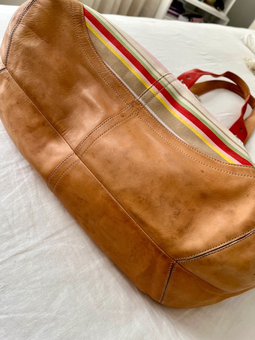 Coach Pastel Multi Striped Canvas Tote with Coral Leather Straps - Picture 7 of 9